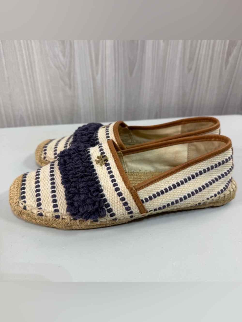 Tory Burch Fray Stripe Espadrille Flat Shoes Canvas Jute Navy Cream Women’s 8